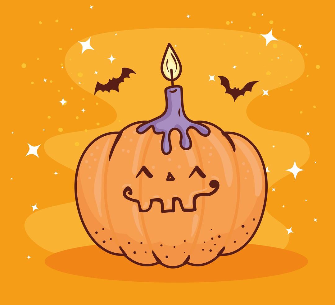 calabaza de halloween con vela y murciélagos volando vector