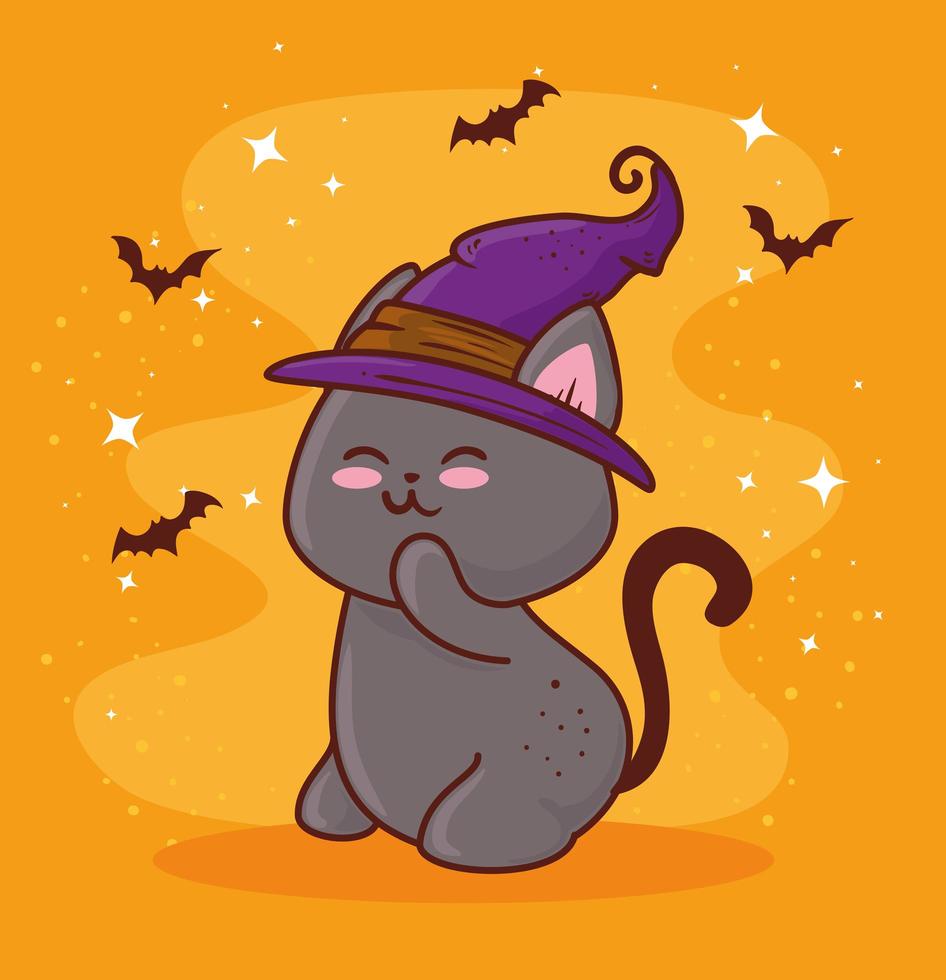 halloween con lindo gato con sombrero de bruja y murciélagos volando vector