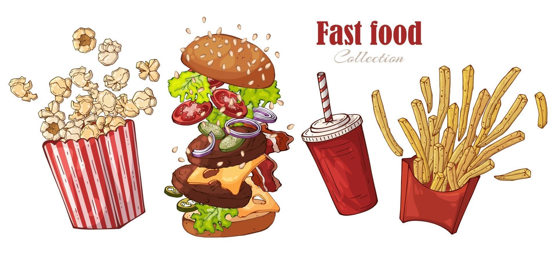 Fast food burger, french fries, popcorn, drink set vector