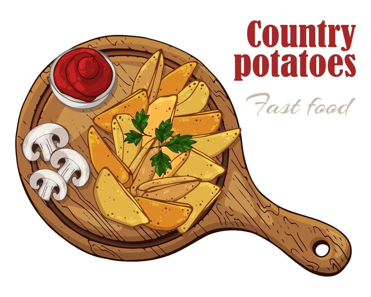 Vector illustrations on the fast food theme country potatoes on a board.