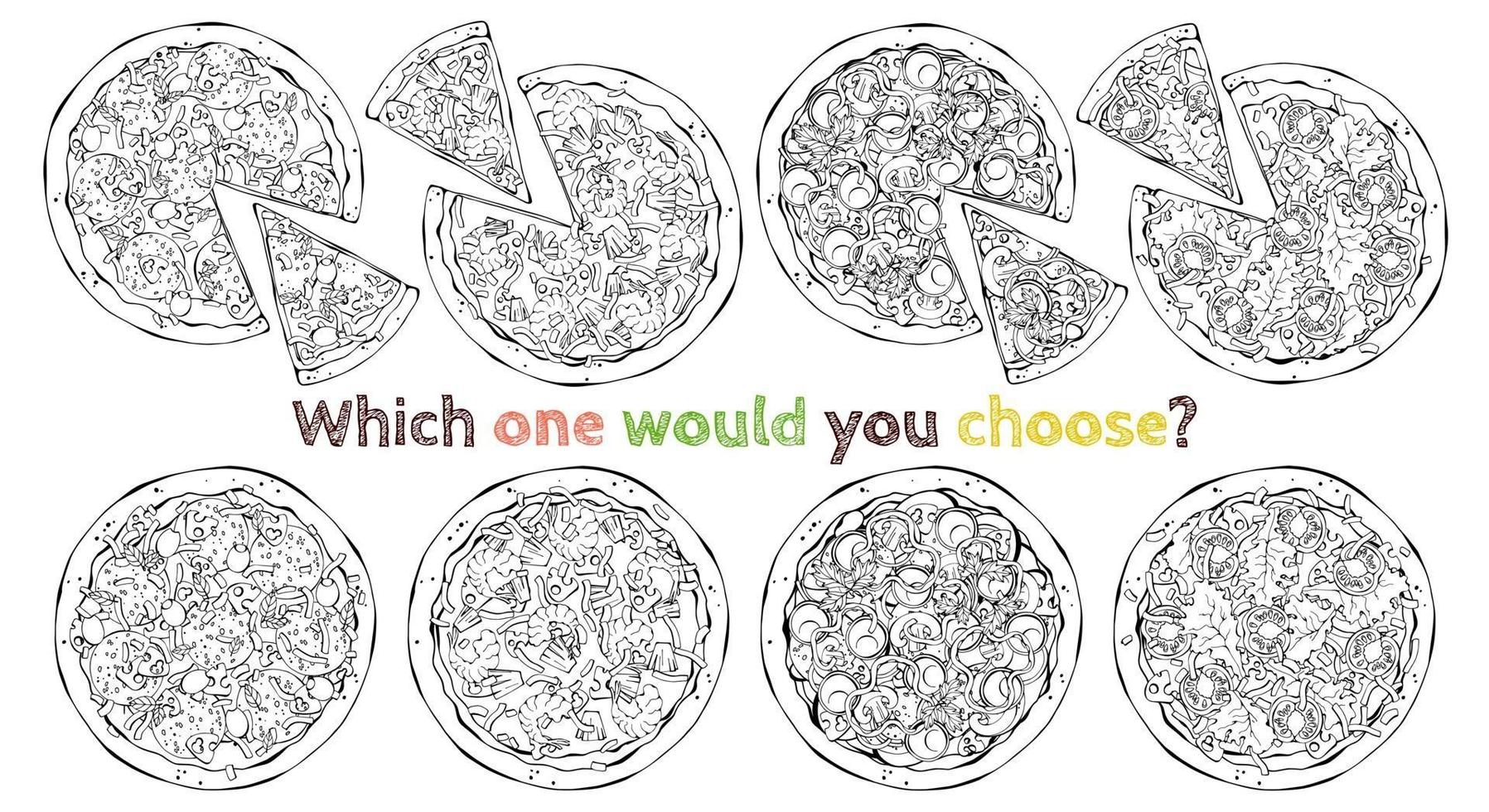 Set of different kinds of vector pizzas