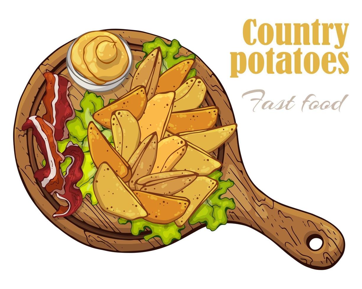 Illustrations on the fast food theme country potatoes on a board vector
