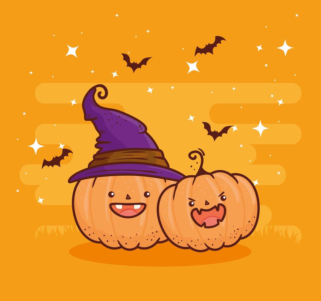 Halloween cute pumpkins with witch hat and bats flying vector