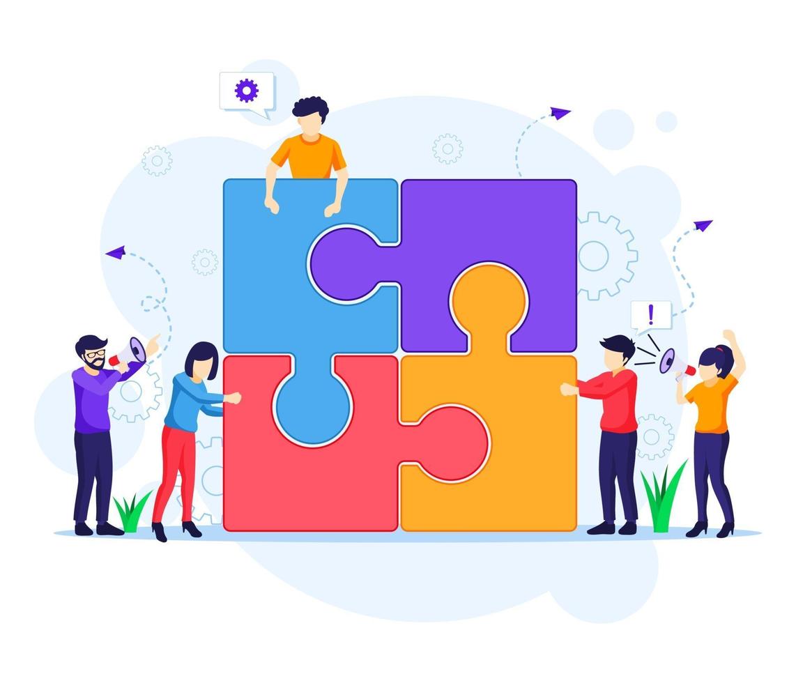 Team work concept, people connecting piece puzzle elements. vector