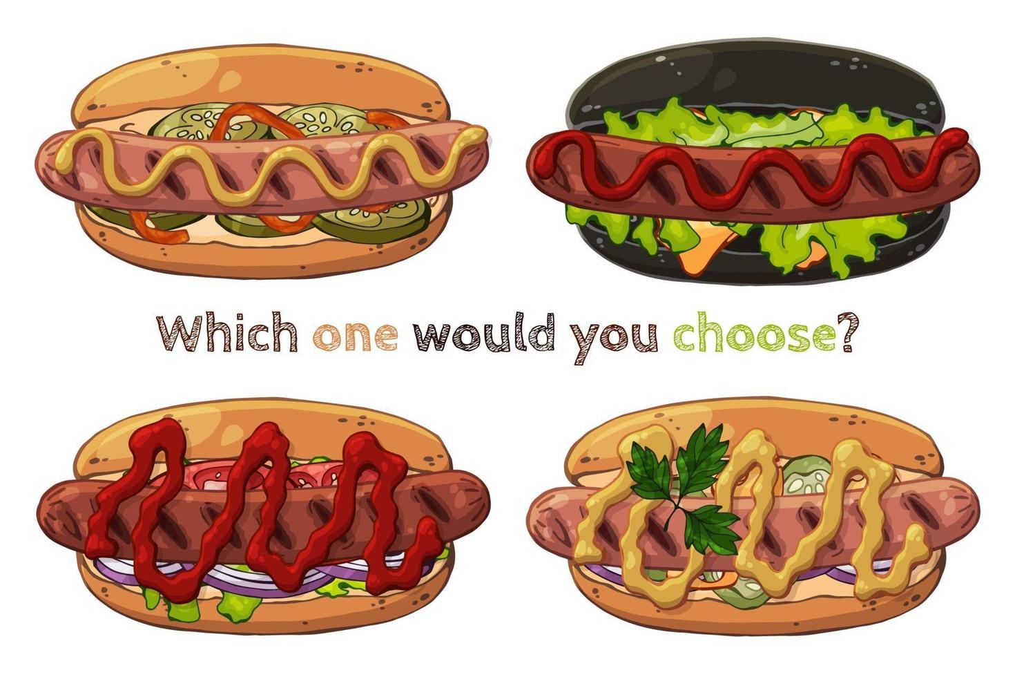Different kinds of hotdogs set vector