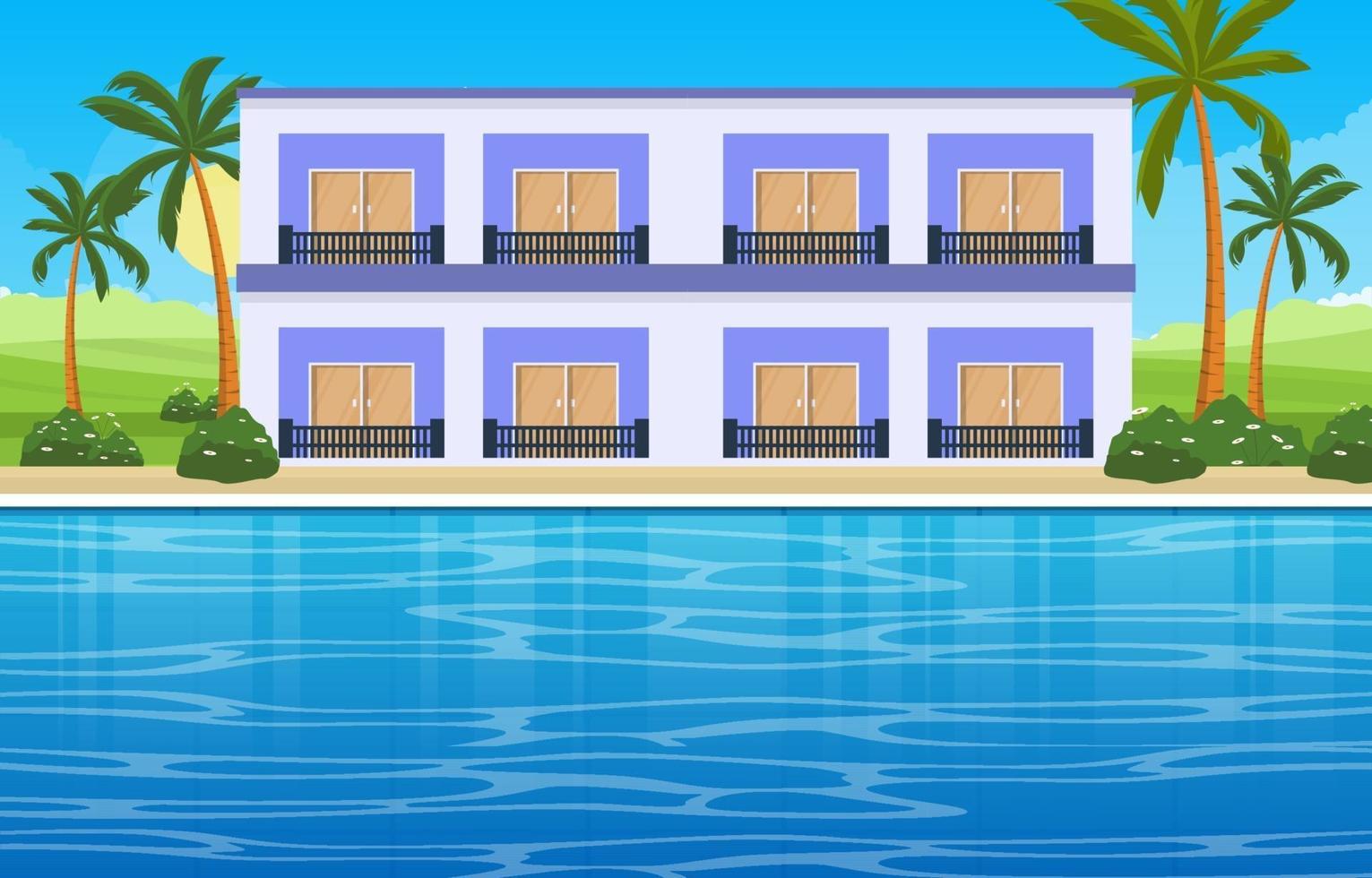Hotel Outdoor Swimming Pool with View of Palm Trees and Hills vector