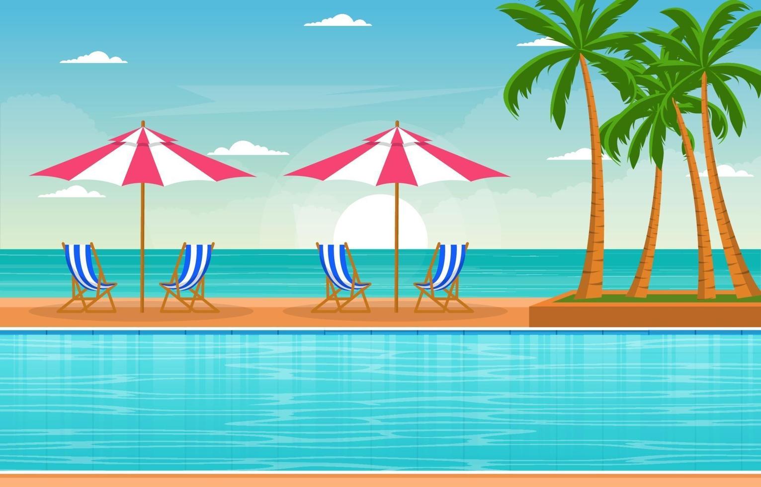 Hotel Outdoor Swimming Pool with View of Palm Trees and Umbrellas vector