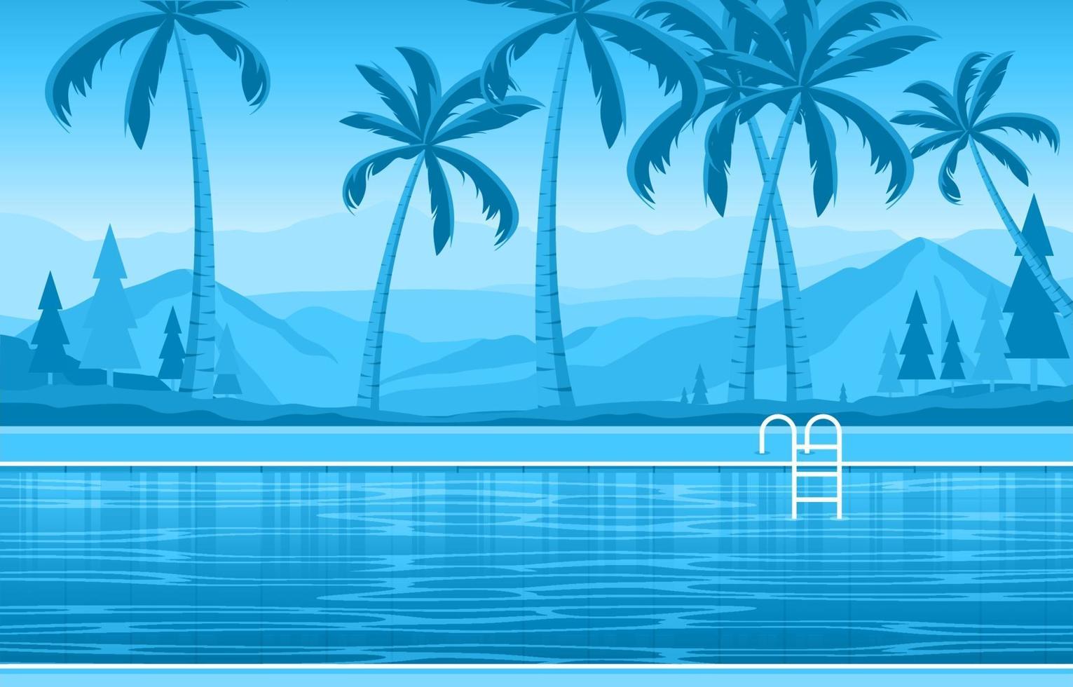 Hotel Outdoor Swimming Pool with View of Palm Trees and Hills vector