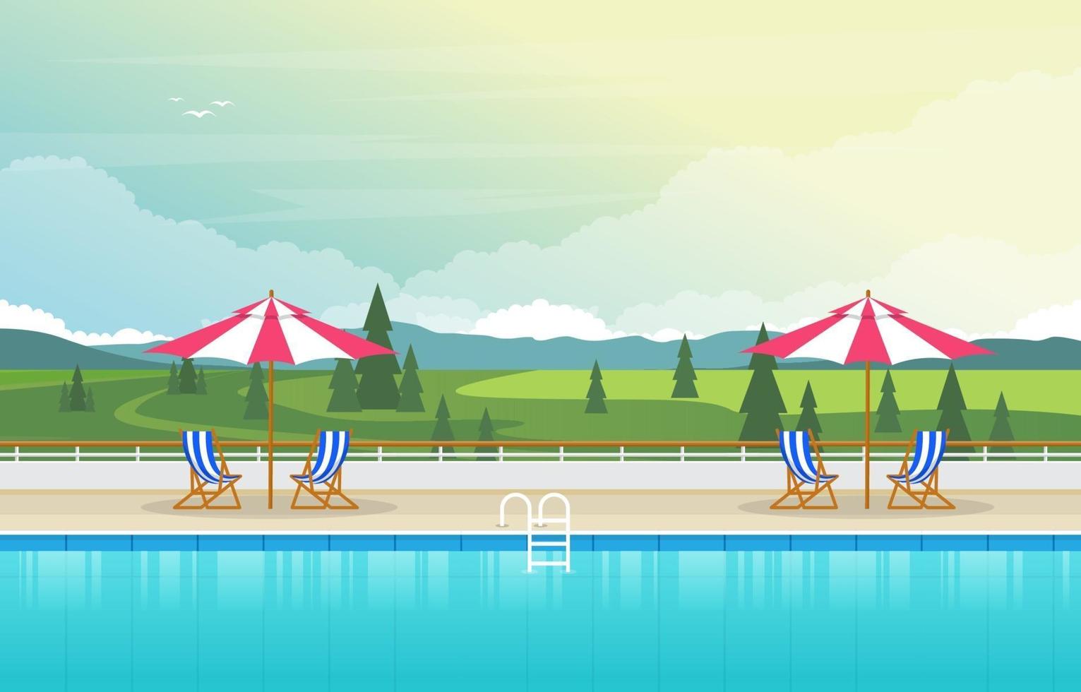 Hotel Outdoor Swimming Pool with View of Trees vector