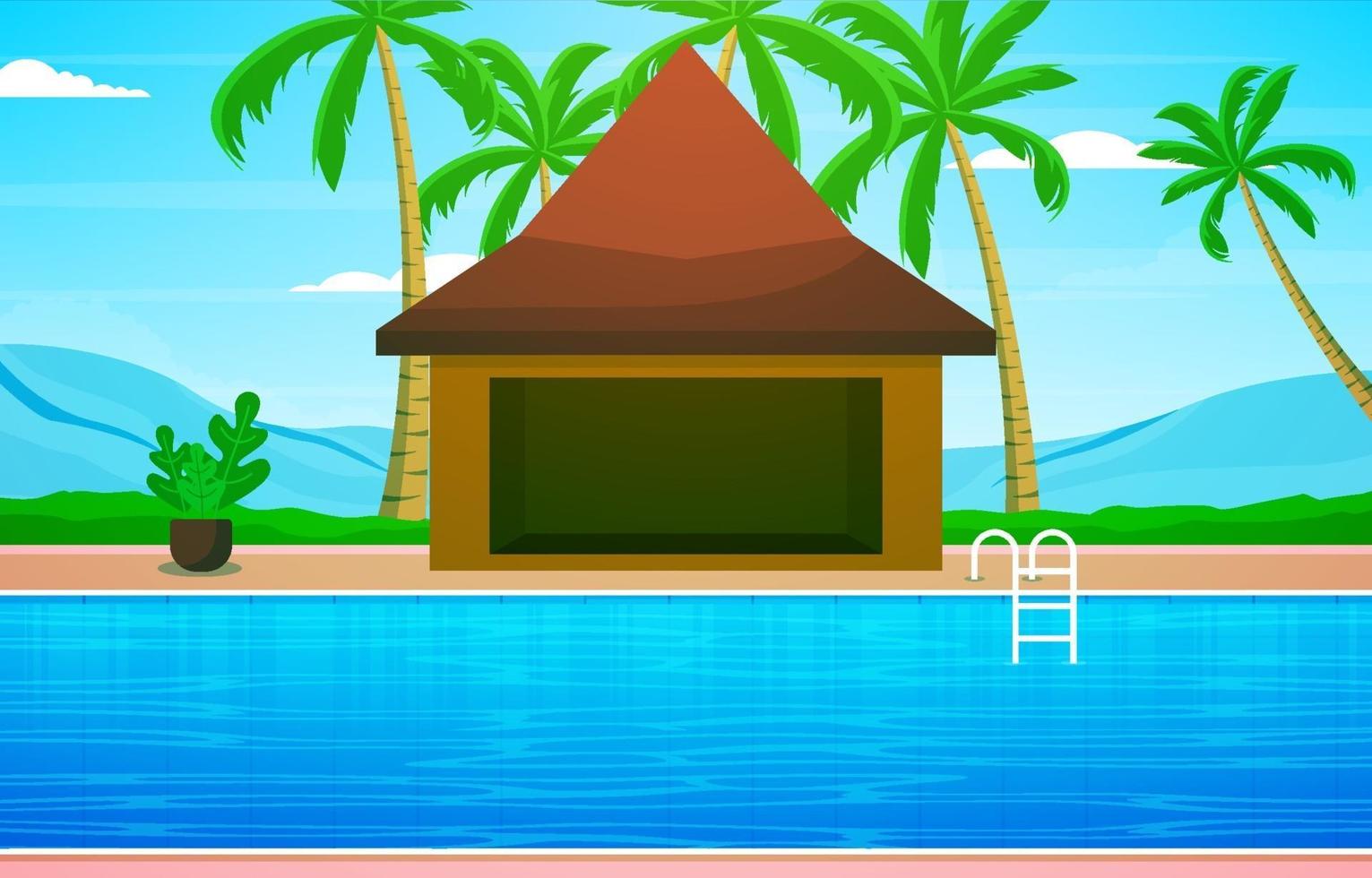 Hotel Outdoor Swimming Pool with View of Palm Trees and Hills vector