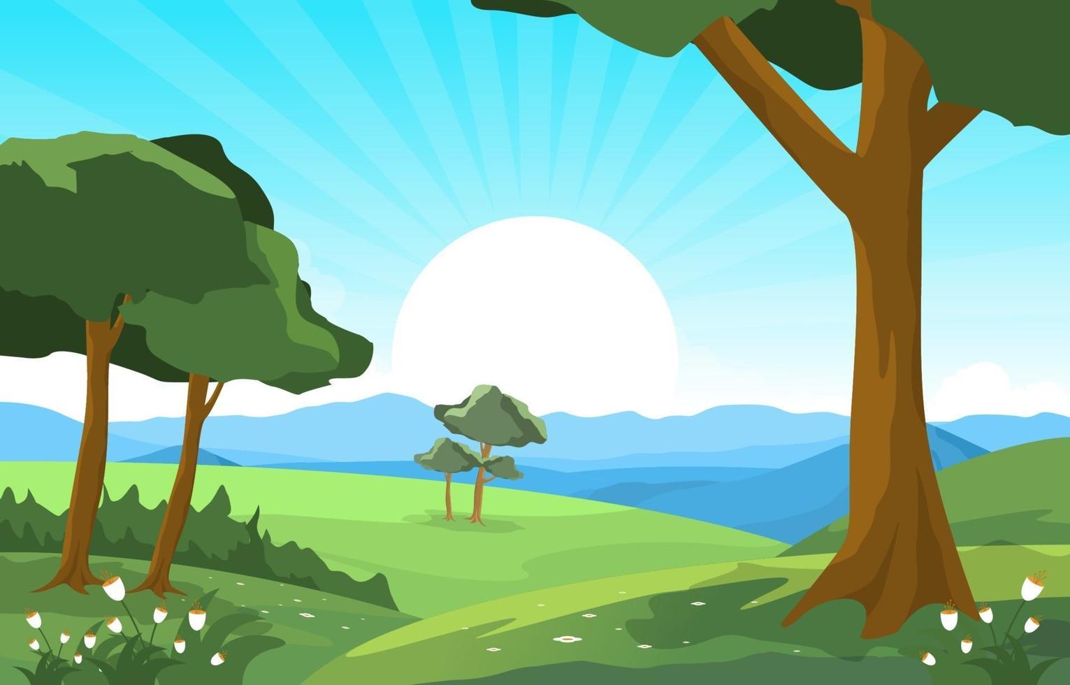 Summer Scene with Mountains, Trees and Sun Illustration vector