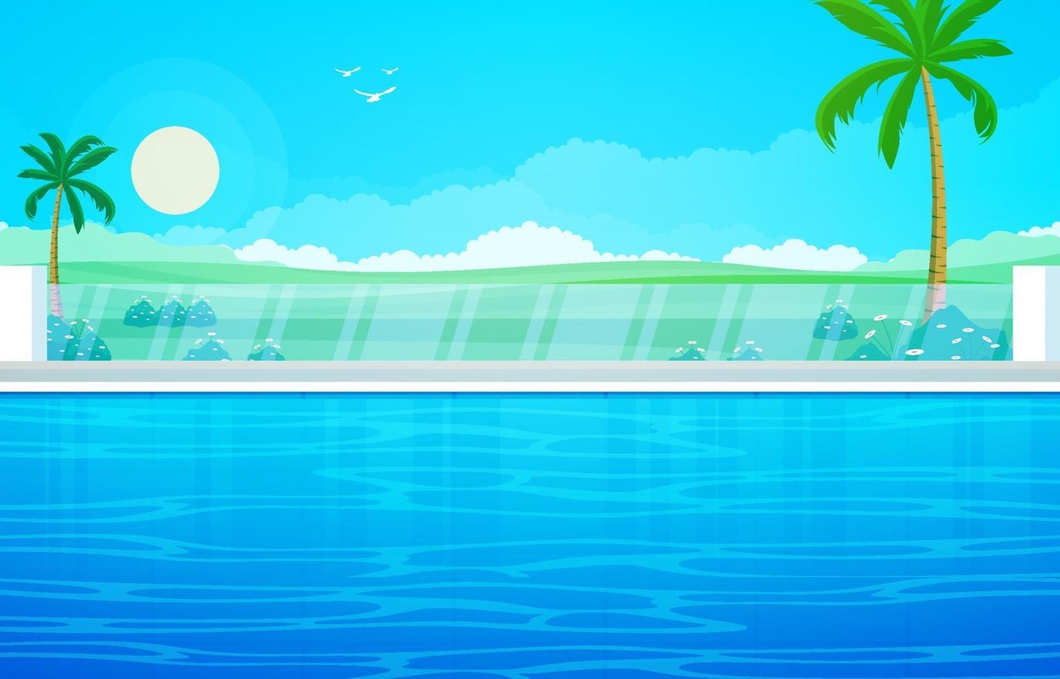 Hotel Outdoor Swimming Pool with View of Palm Trees and Hills vector