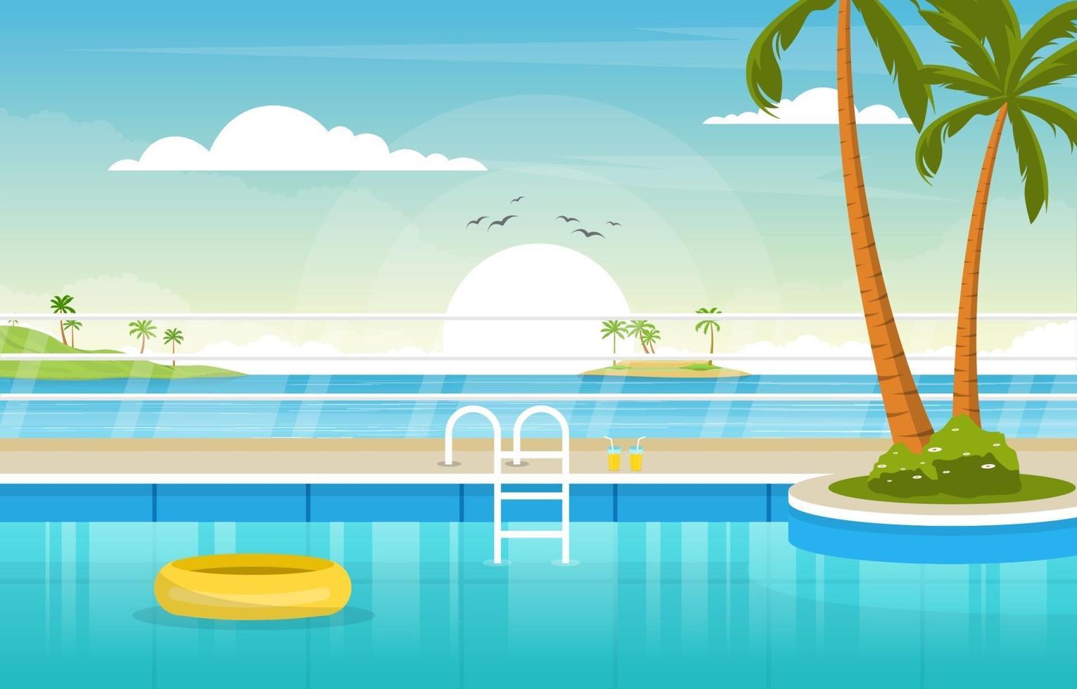 piscina exterior del hotel con vistas a las palmeras vector