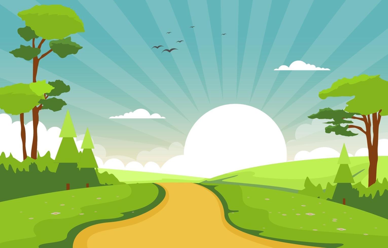 Summer Scene with Path, Trees and Sun Illustration vector