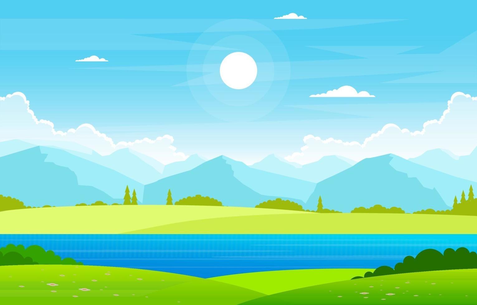lago de verano con ilustración de paisaje de campo verde vector