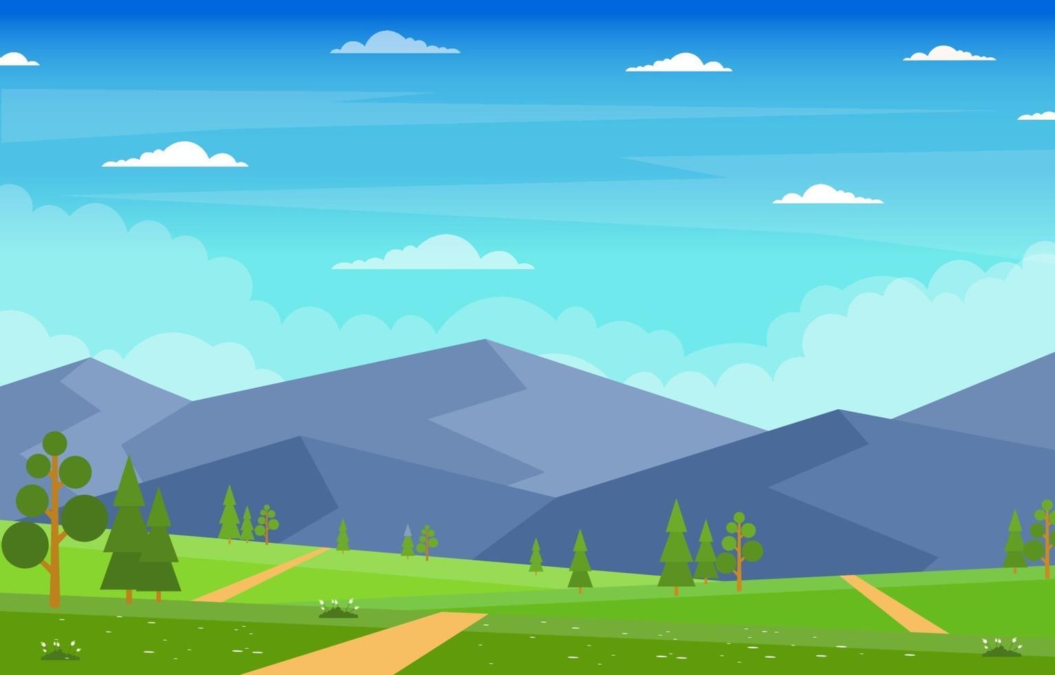 Summer Scene With Mountains and Green Field Landscape Illustration vector