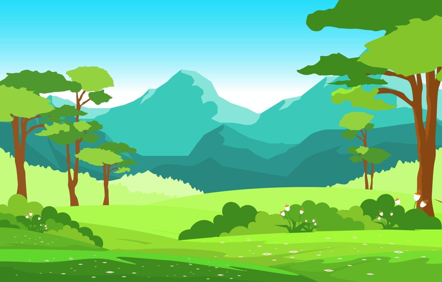 escena de verano con montañas y paisaje de campo verde ilustración vector