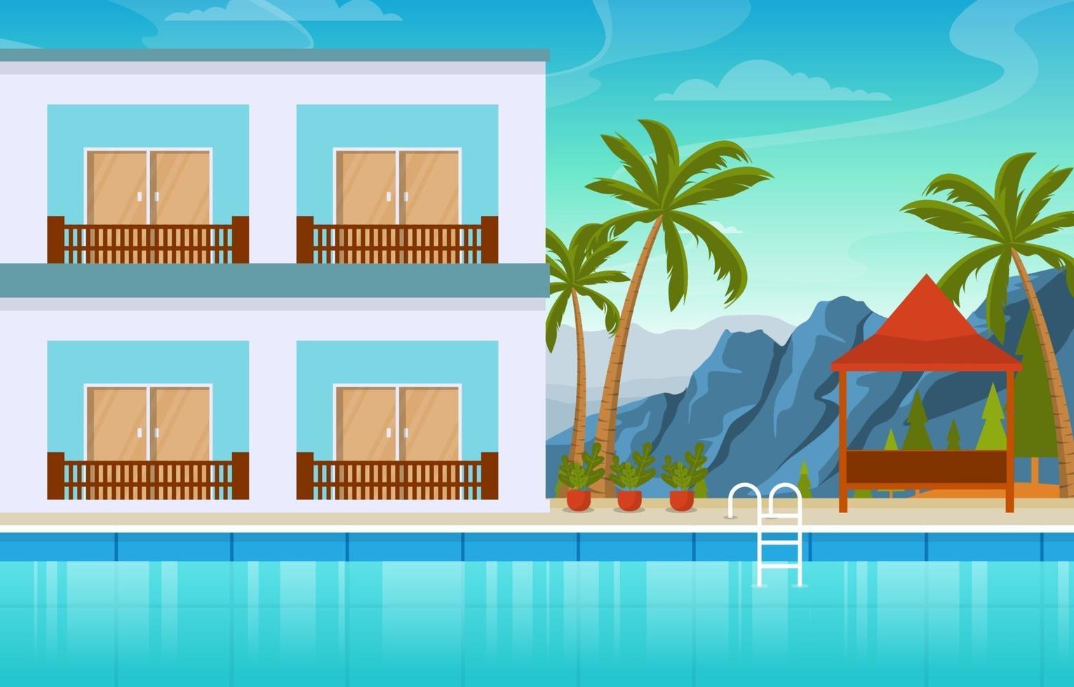 Hotel Outdoor Swimming Pool with View of Palm Trees vector