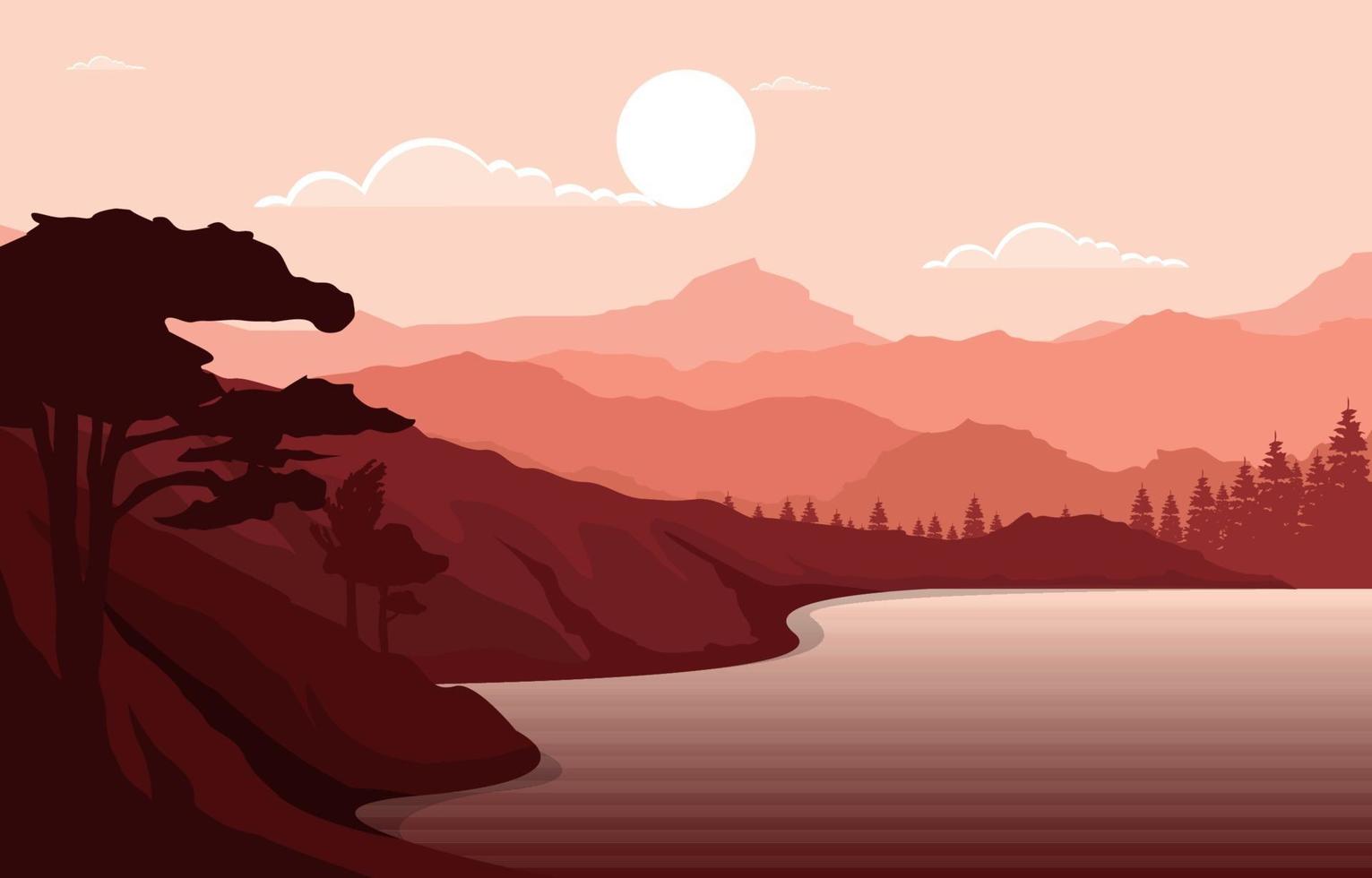 amanecer sobre ilustración de paisaje de bosque de montaña vector