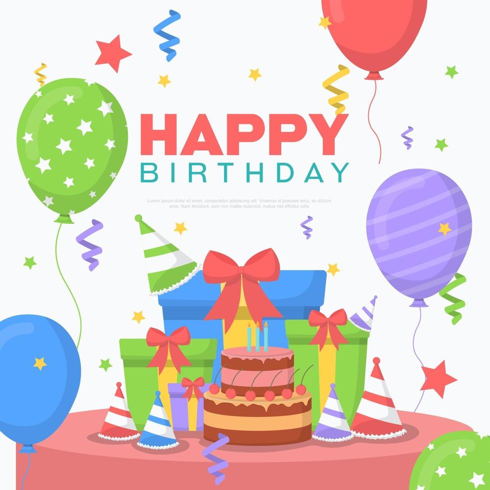 Happy Birthday Card with Cake, Gifts and Balloons vector