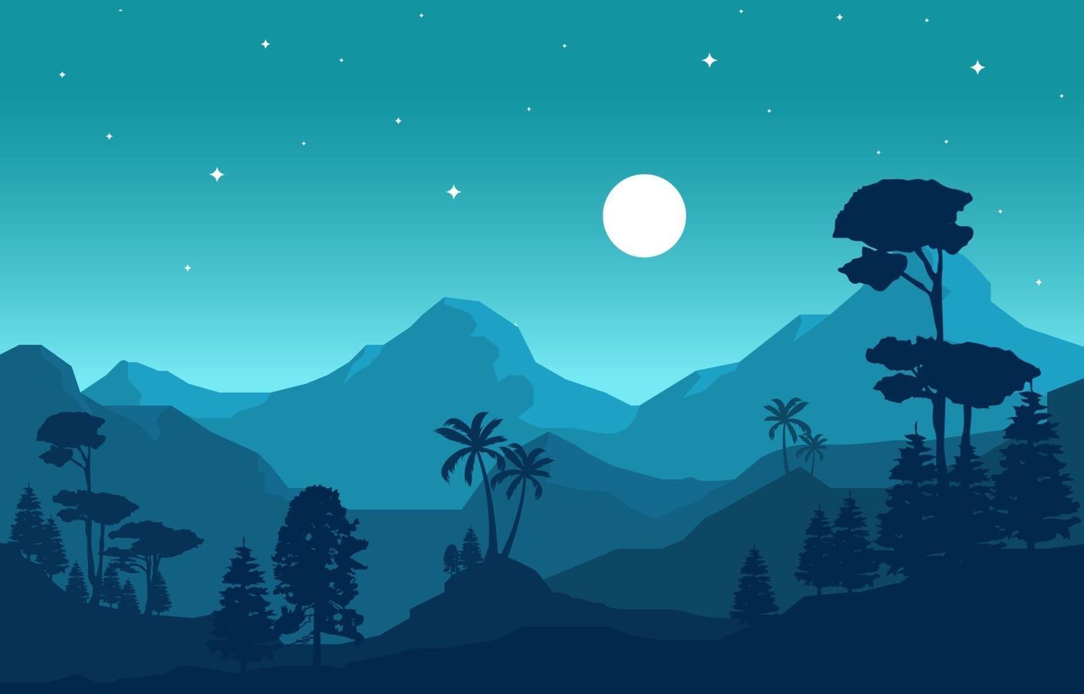 noche tranquila en la ilustración del paisaje del bosque de montaña vector