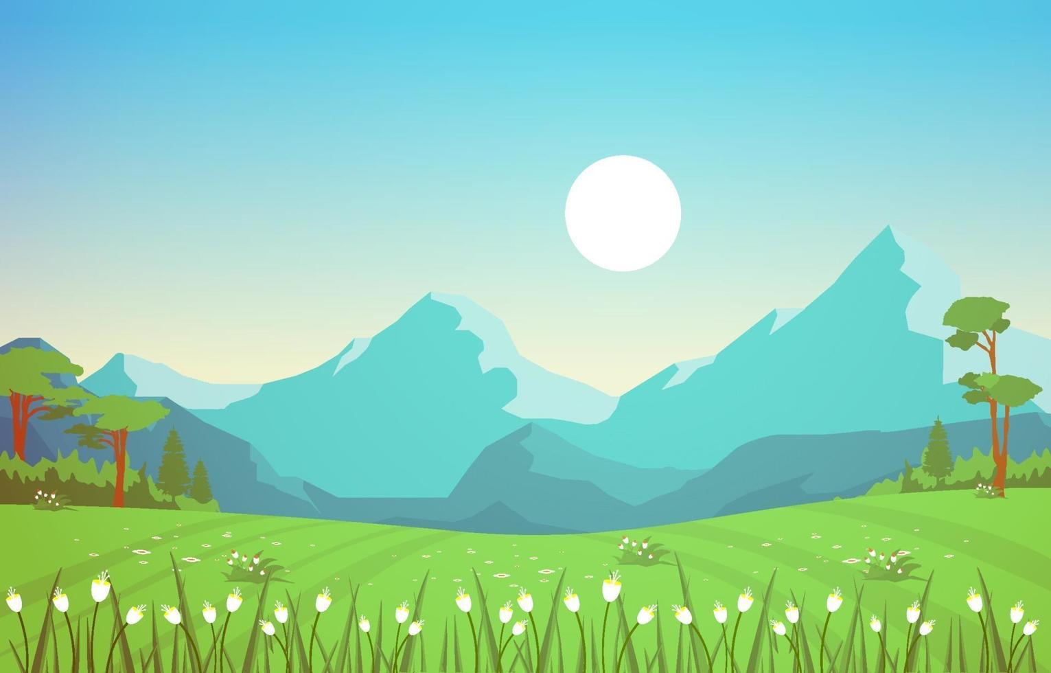 escena de verano con montañas y paisaje de campo verde ilustración vector