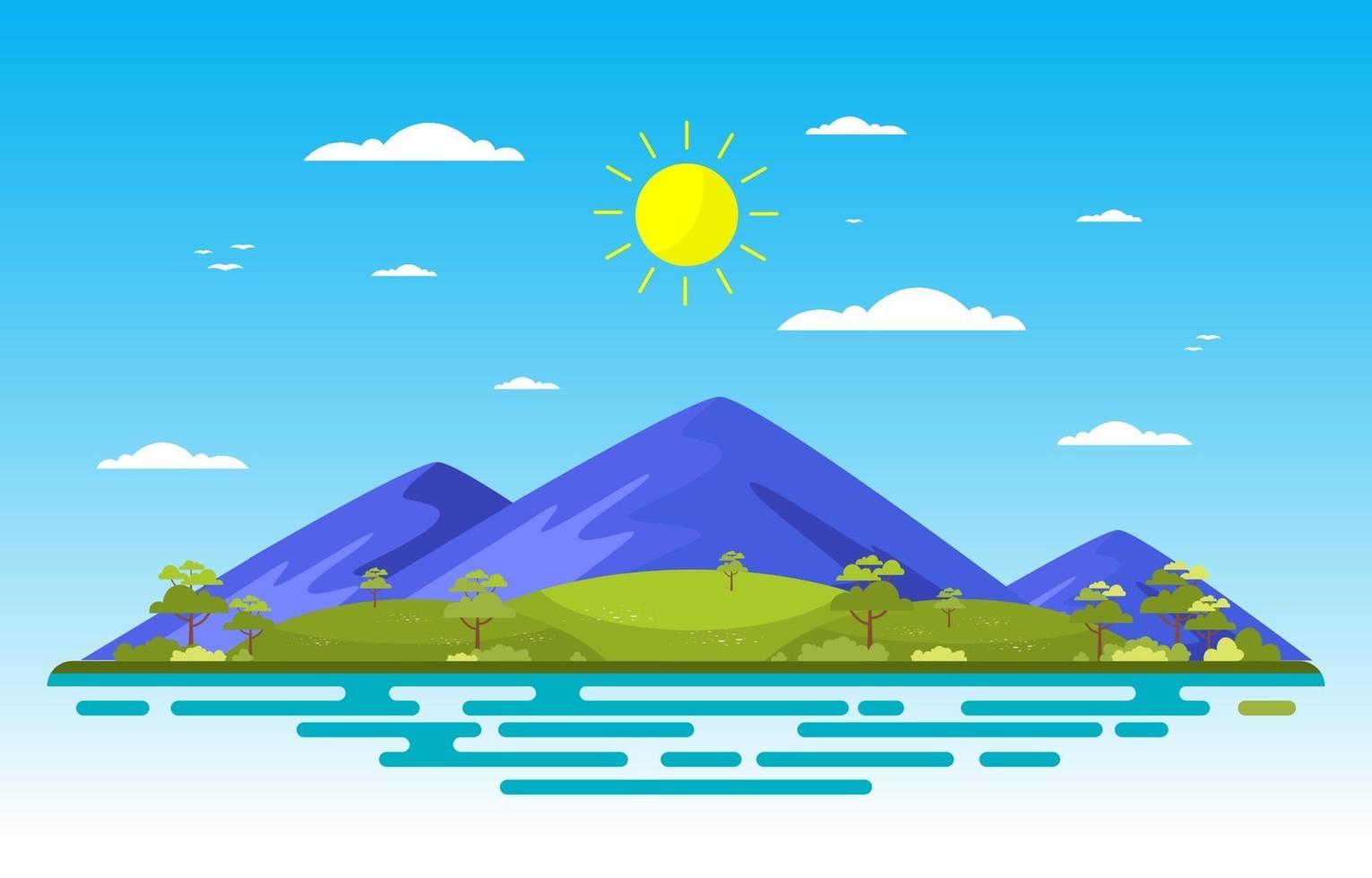 escena de verano con montañas y paisaje de campo verde ilustración vector