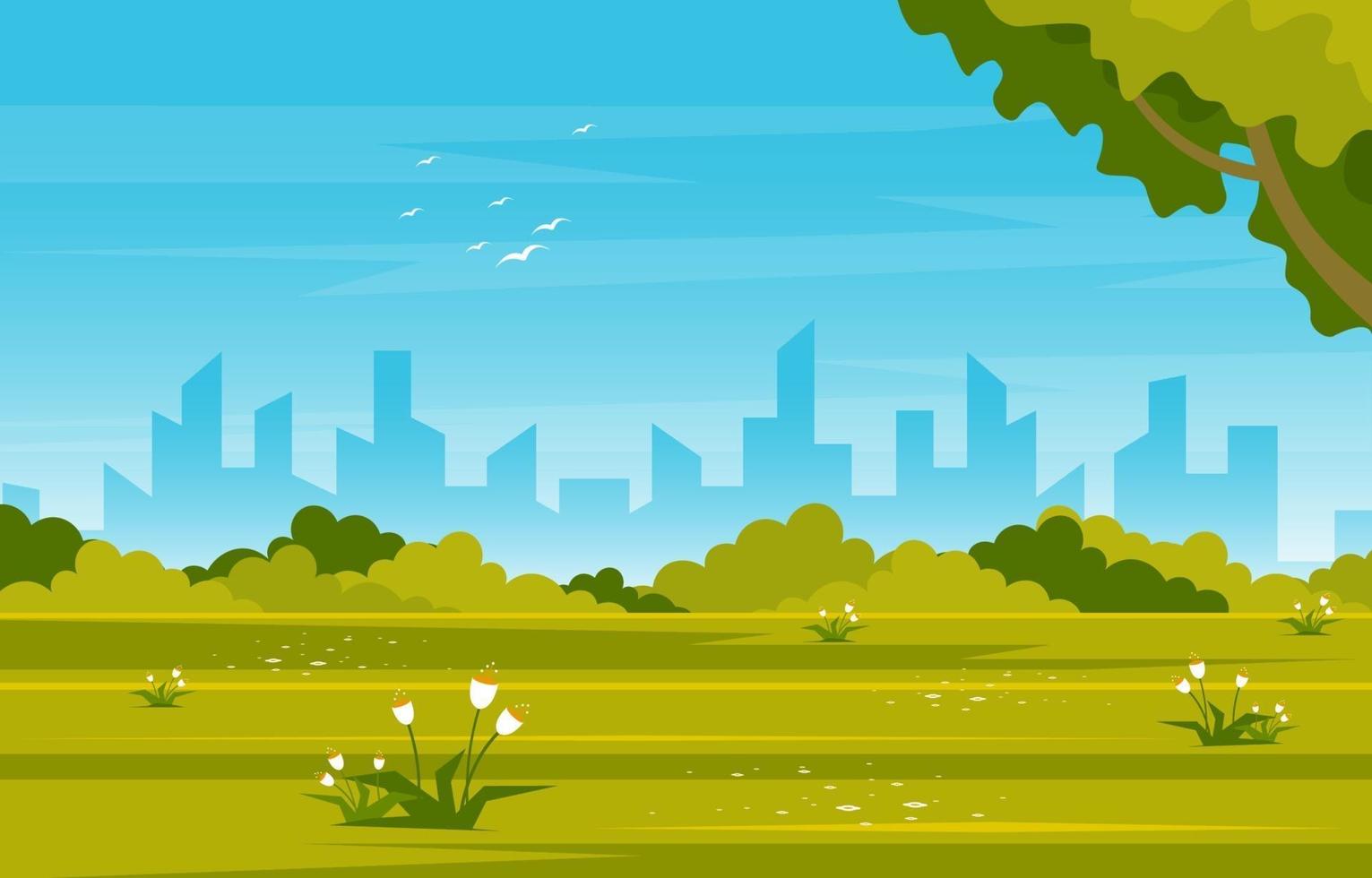 parque de verano con ilustración de campo y horizonte de la ciudad vector