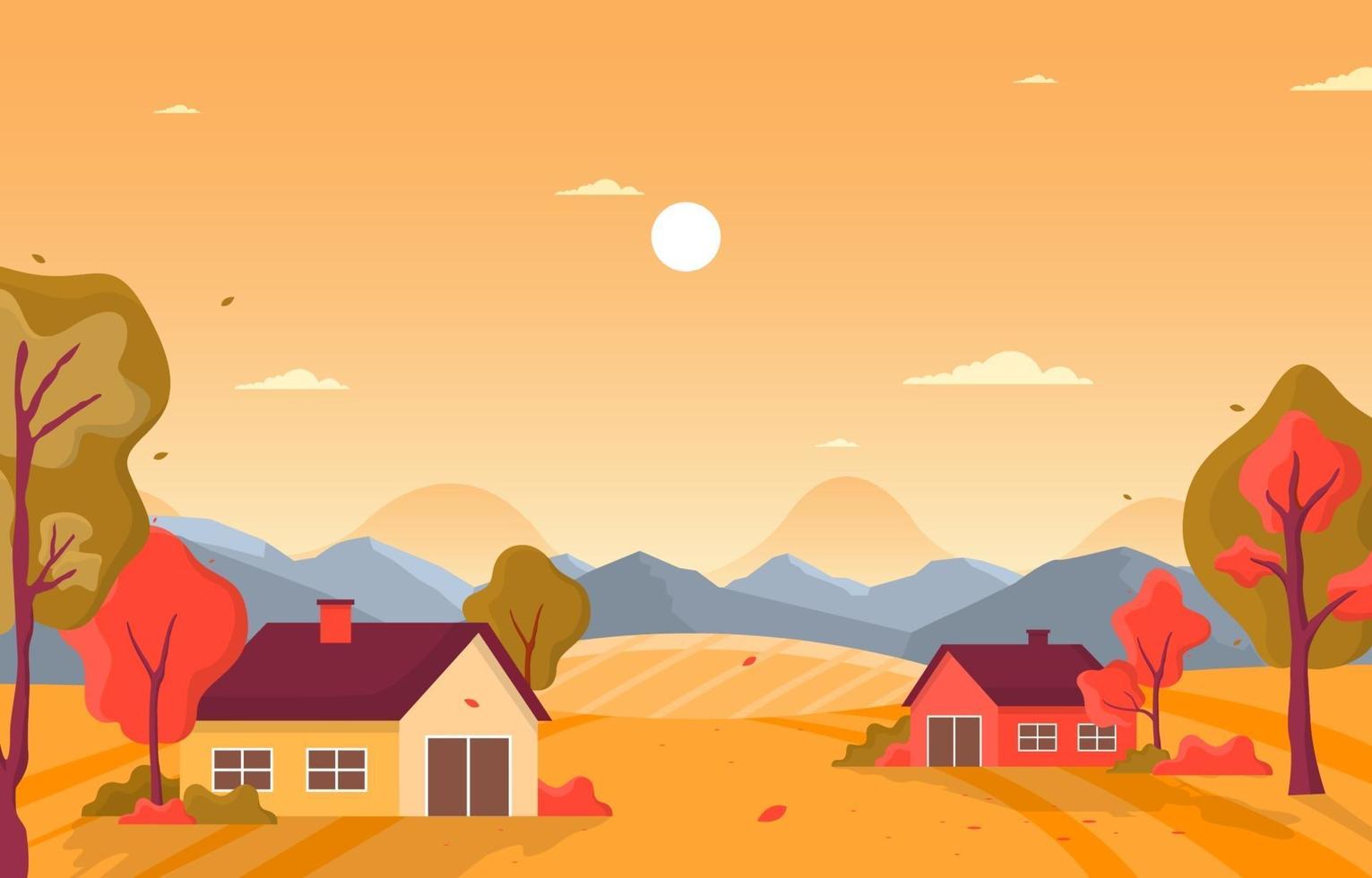 Escena del parque de otoño con árboles y casas. vector