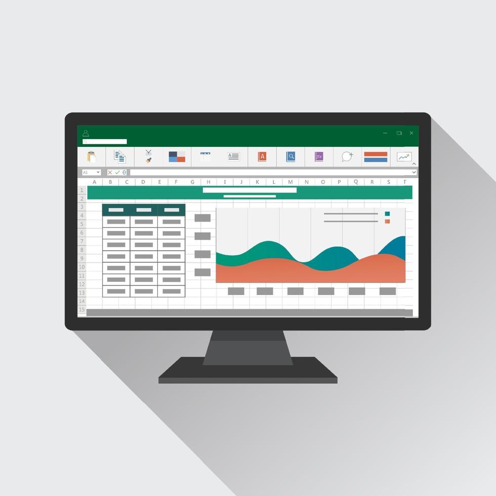 hoja de cálculo en el icono plano de la pantalla de la computadora. concepto de informe de contabilidad financiera. cosas de oficina para planificación y contabilidad, análisis, auditoría, gestión de proyectos, marketing, investigación, ilustración vectorial. vector