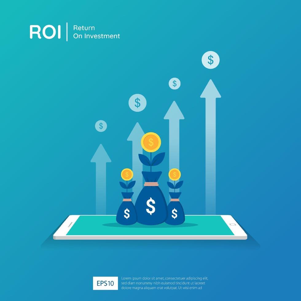 Return on investment design on tablet screen vector illustration. Profit opportunity concept. business growth arrows to success. arrow with dollar plant coins, graph and chart increase.