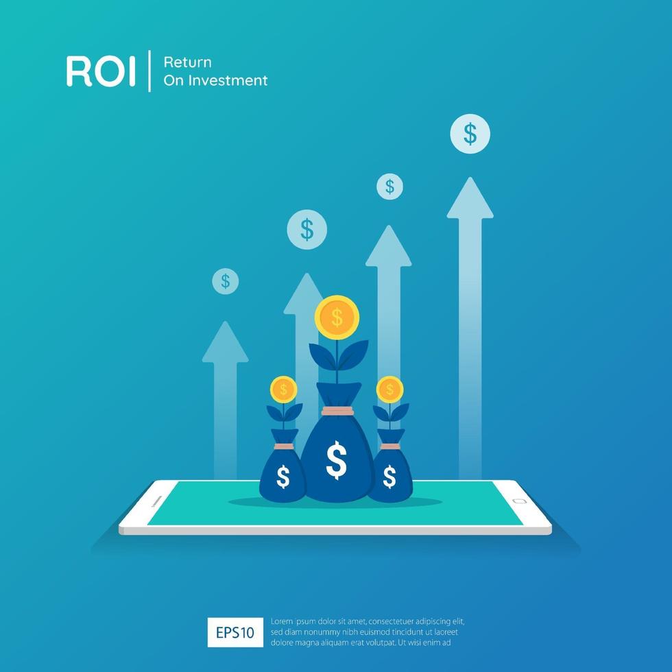 Diseño de retorno de la inversión en la ilustración de vector de pantalla de tableta. concepto de oportunidad de lucro. flechas de crecimiento empresarial hacia el éxito. flecha con monedas de planta de dólar, gráfico y aumento de gráfico.