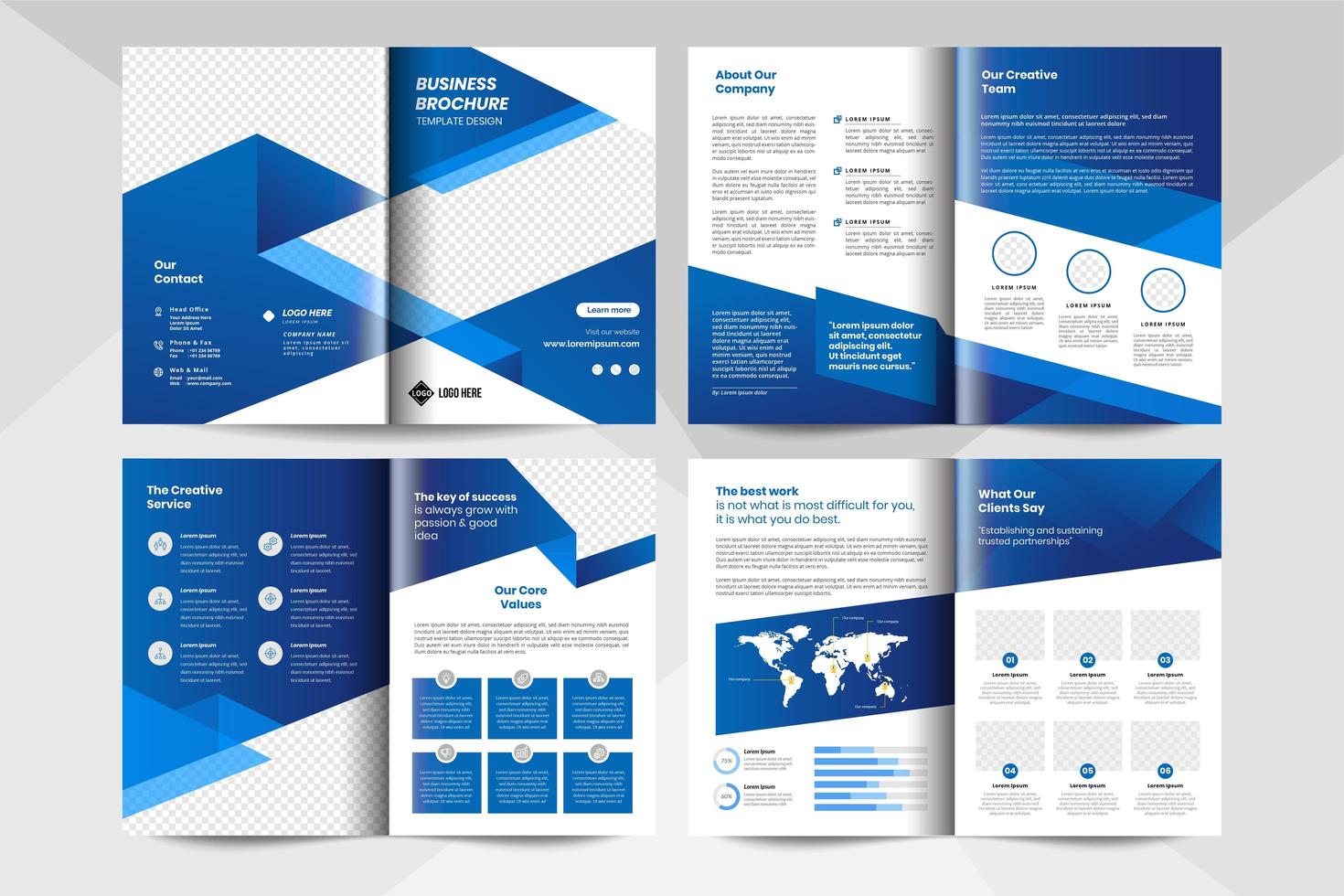 Plantilla de folleto de negocios corporativos de 8 páginas en color azul. plantilla de volante de negocios corporativos. vector