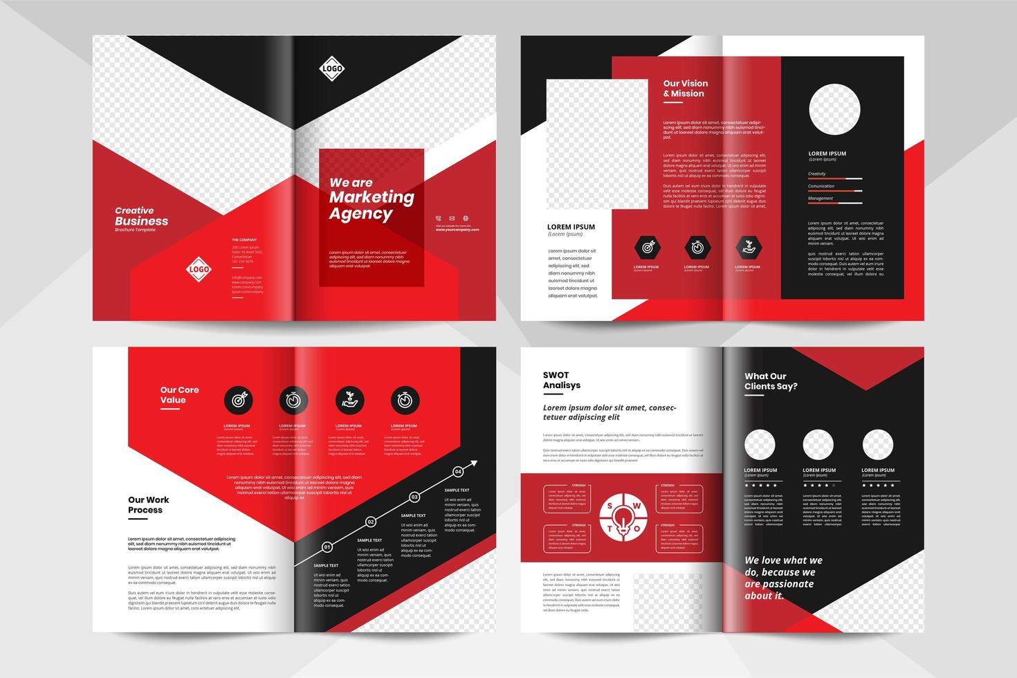 Plantilla de diseño de folleto comercial negro y rojo. plantilla de folleto de negocios corporativos. vector