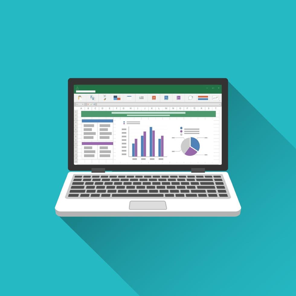 Spreadsheet on Laptop screen flat icon. Financial accounting report concept. office things for planning and accounting, analysis, audit, project management, marketing, research vector illustration.