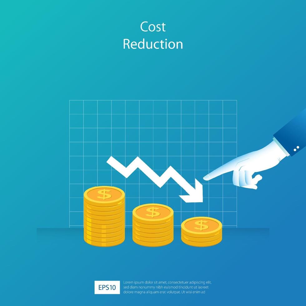 Cost reduction concept. decrease arrow and pointing finger vector illustration. Business template for banner, website or printing