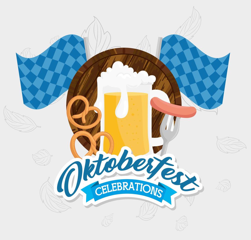 Banner de celebración de oktoberfest con cerveza, pretzel y salchicha vector