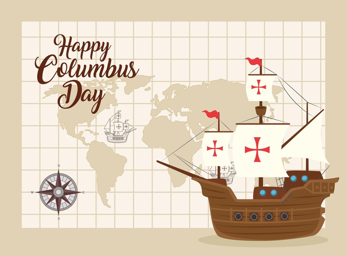 Happy Columbus day celebration banner with caravel and map vector