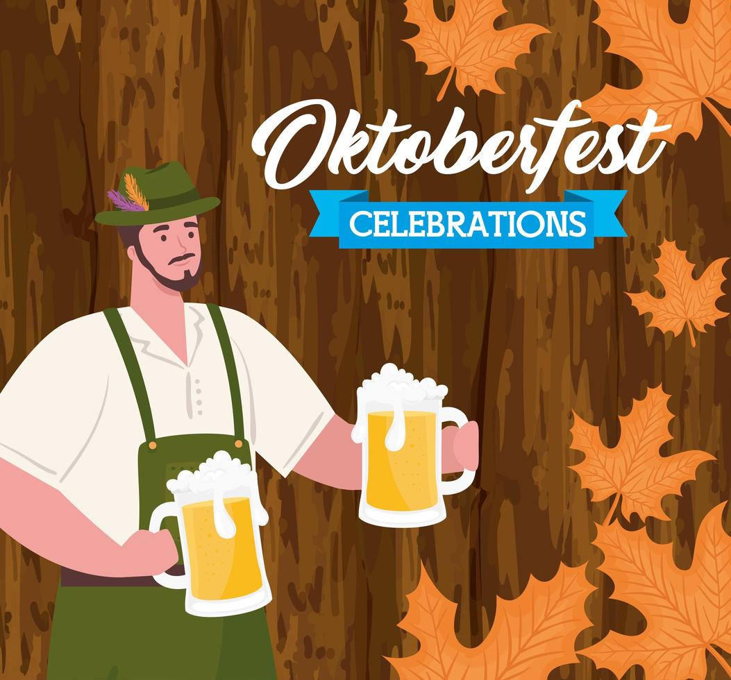 Banner de celebración de Oktoberfest con hombre con cervezas en un fondo de madera vector