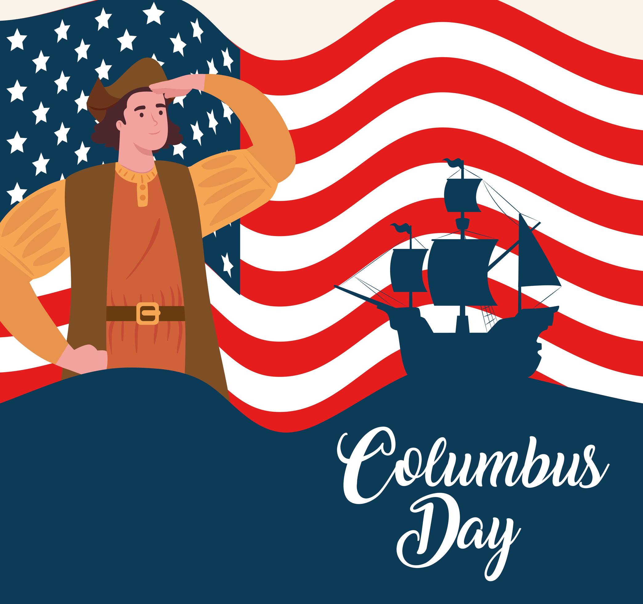 Happy Columbus day celebration banner with Christopher Columbus and USA