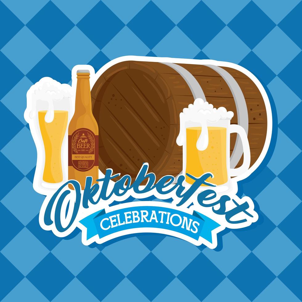 Banner de celebración del oktoberfest con barril de madera y cervezas artesanales vector