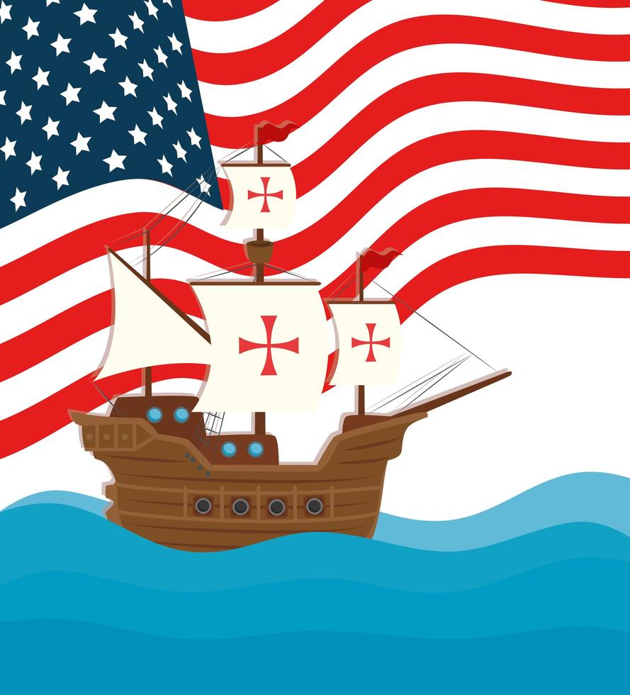 Happy Columbus day celebration banner with caravel and USA flag vector