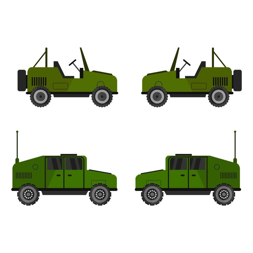 Conjunto de jeeps militares sobre fondo blanco. vector