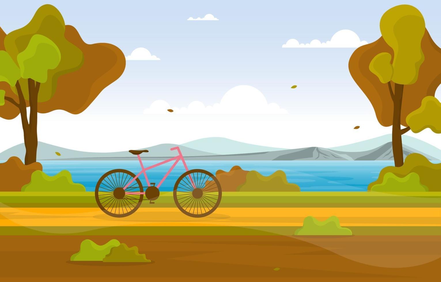 escena de otoño con lago, árboles y bicicleta. vector