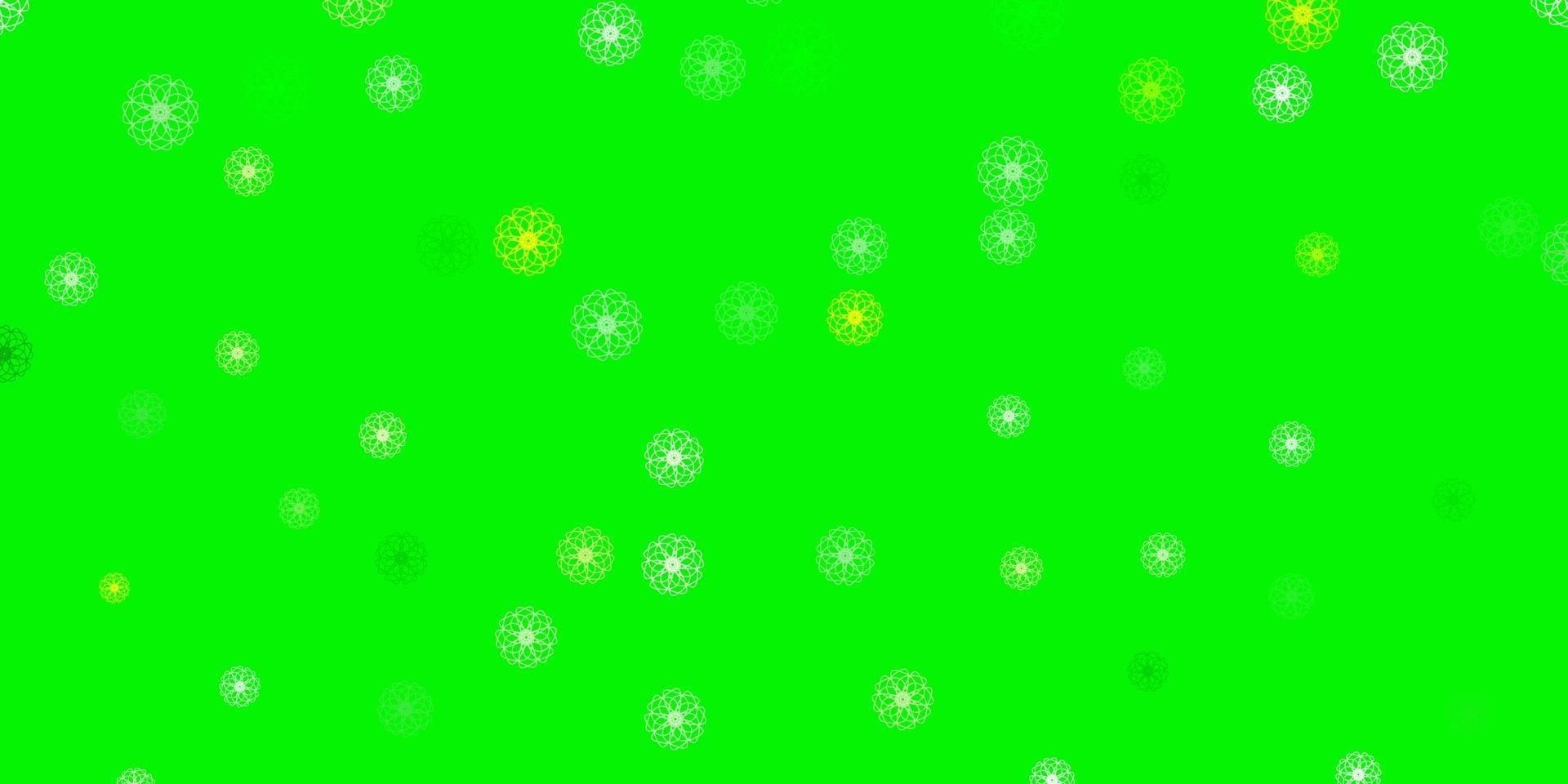 patrón de doodle de vector verde claro, amarillo con flores.