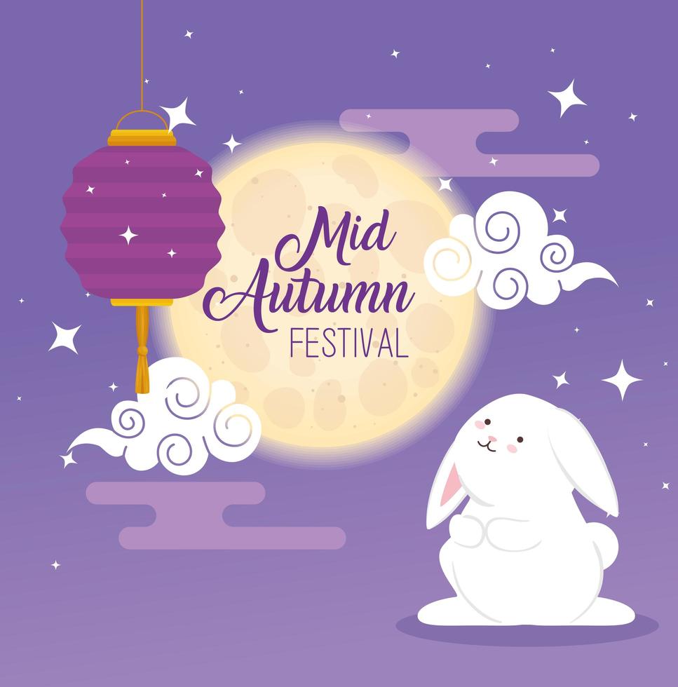 chinese mid autumn festival with rabbit and lantern hanging vector