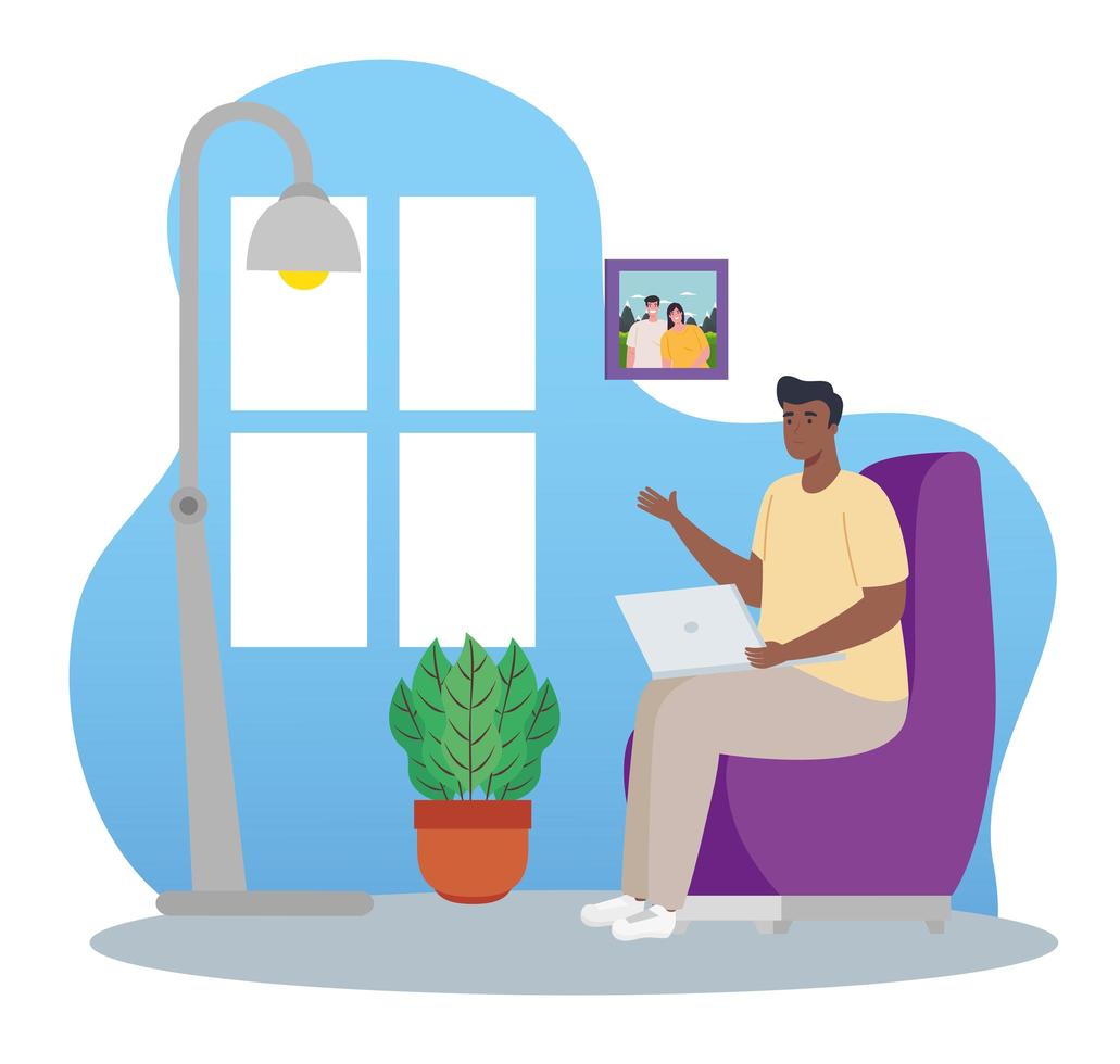 Afro man with laptop working from home vector