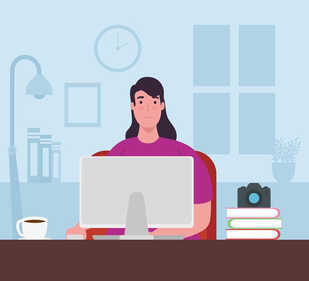 Woman with computer working from home vector