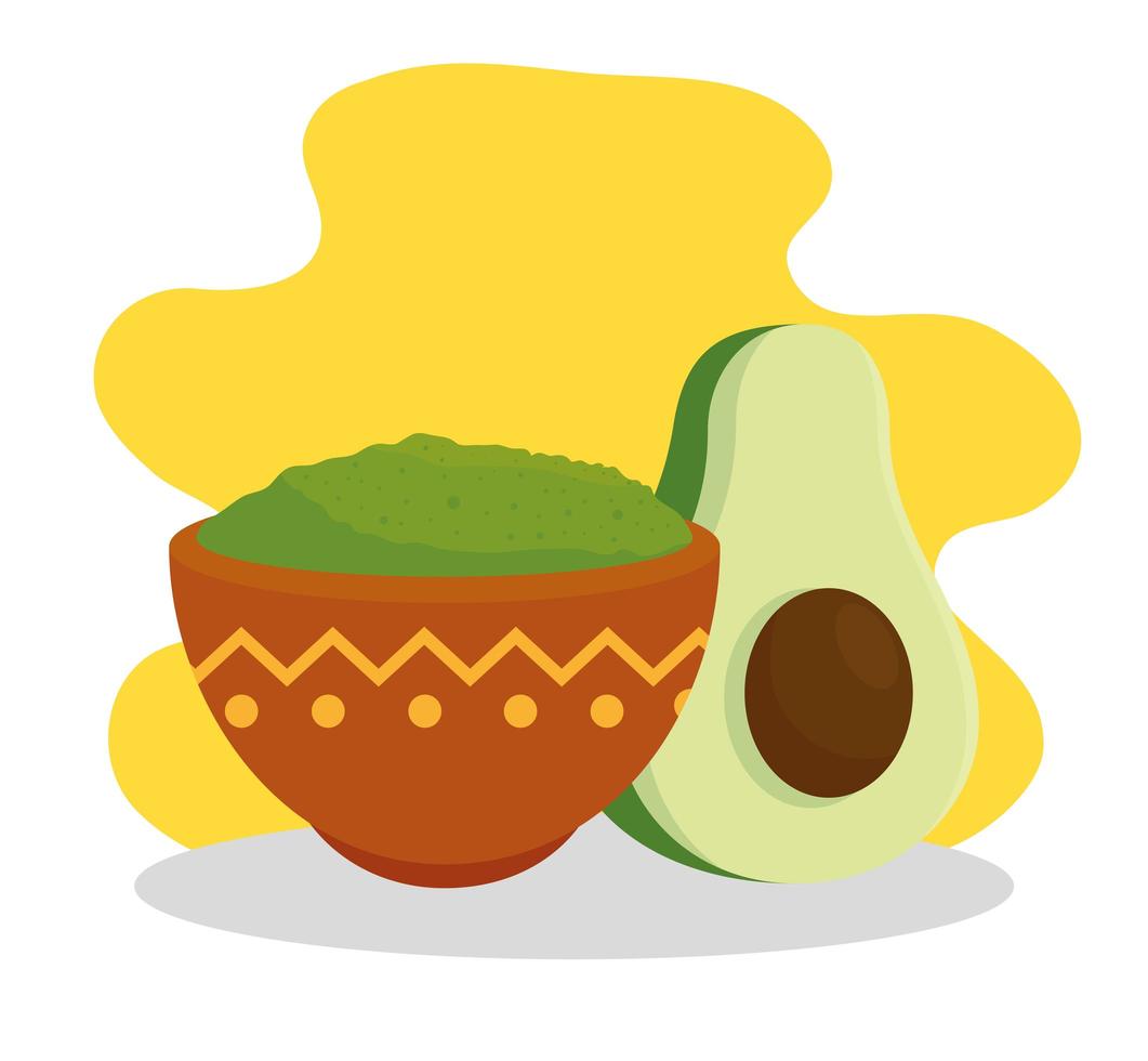 fresh avocado and bowl of guacamole vector