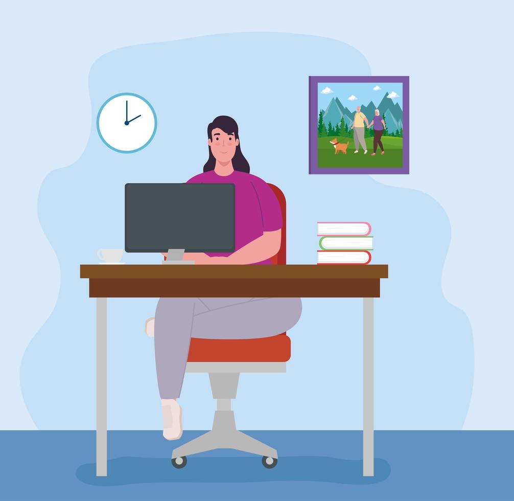 Woman with laptop working from home vector